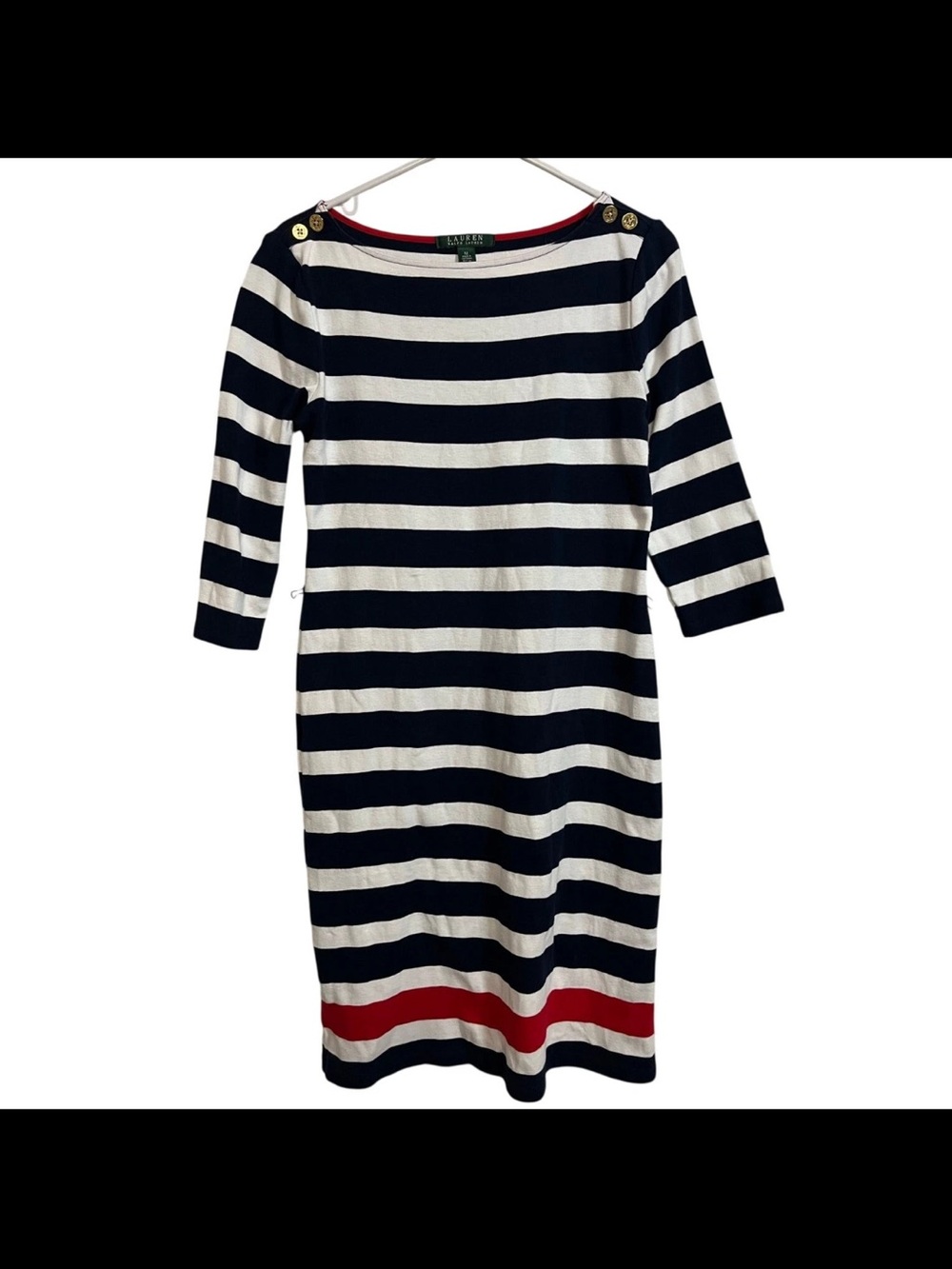 Ralph Lauren Navy & White Striped Midi Dress with Red Hem